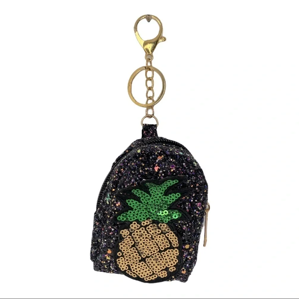 GLITTER PINEAPPLE MINI BACKPACK COIN PURSE KEYCHAIN IN BLACK‎